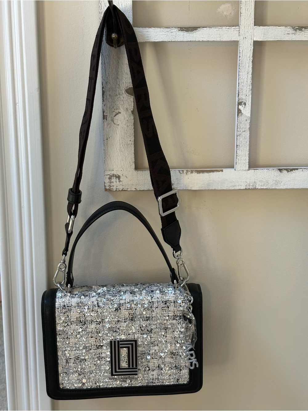 Karl Lagerfeld Silver Sequin Tweed Shoulder Bag with Black Trim